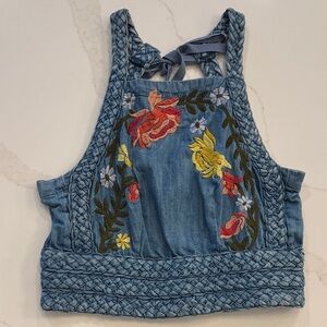 Pilcro Blue Denim Crop Top with Floral Embroidery